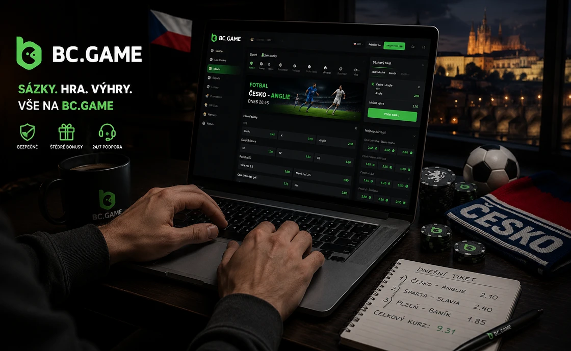 Sportovní sázka na BC Game Česko na notebooku s českými prvky