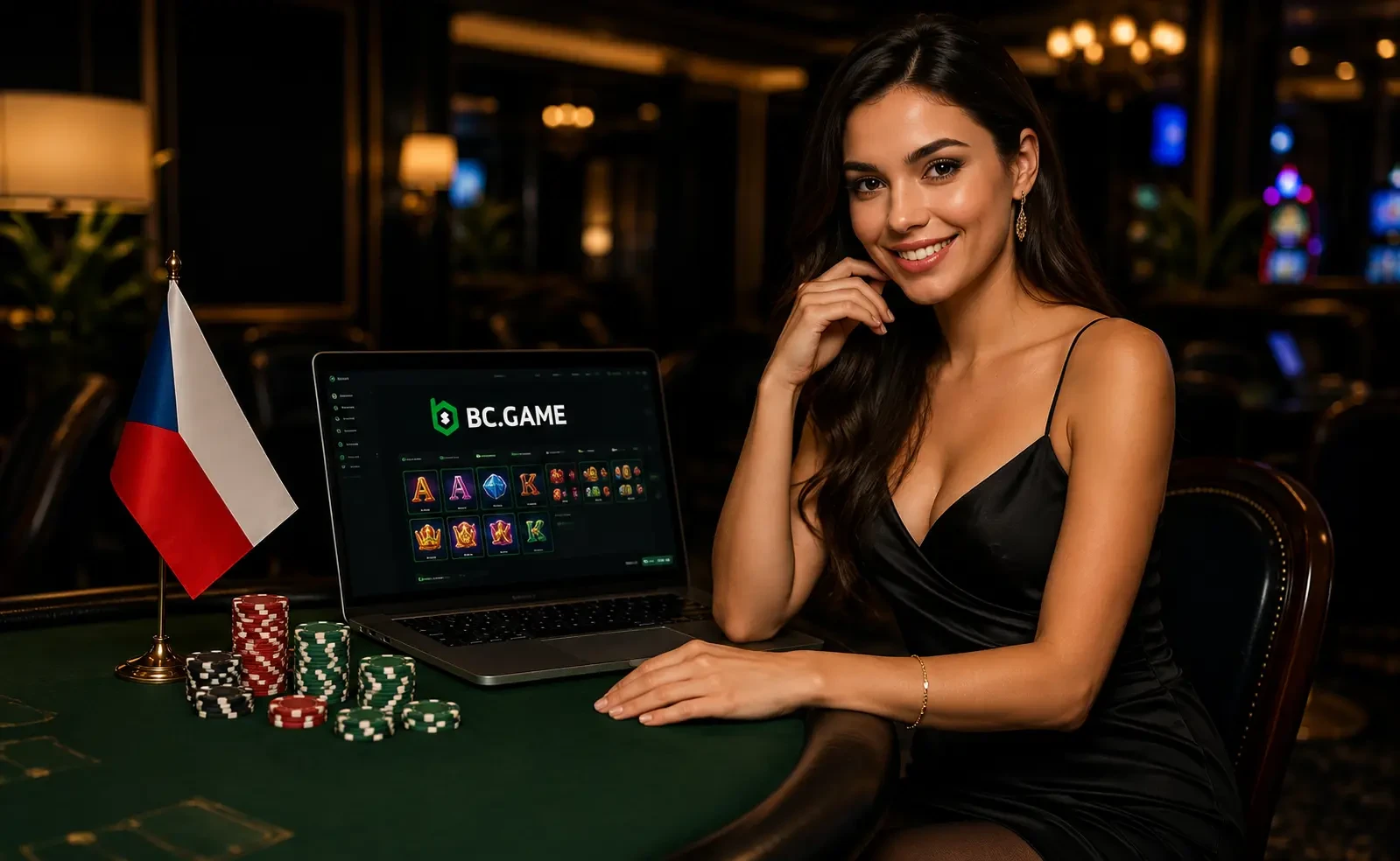 Žena hraje online kasino BC Game vedle české vlajky