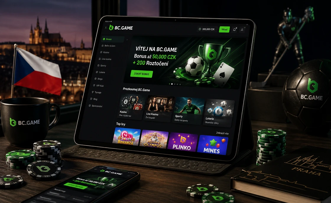 BC Game Česko na tabletu s Prahou a českou vlajkou